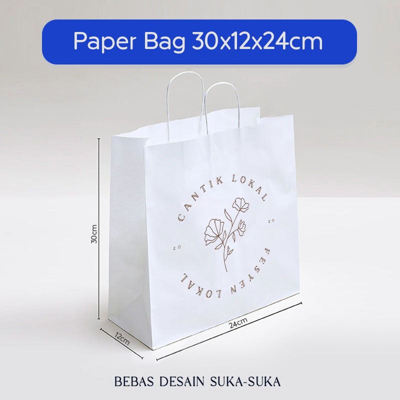 

Paper Bag Kado Putih 30x12x24 CM (BEBAS SABLON) Paperbag Polos Putih Packing Baju, Kaos / Papperbag