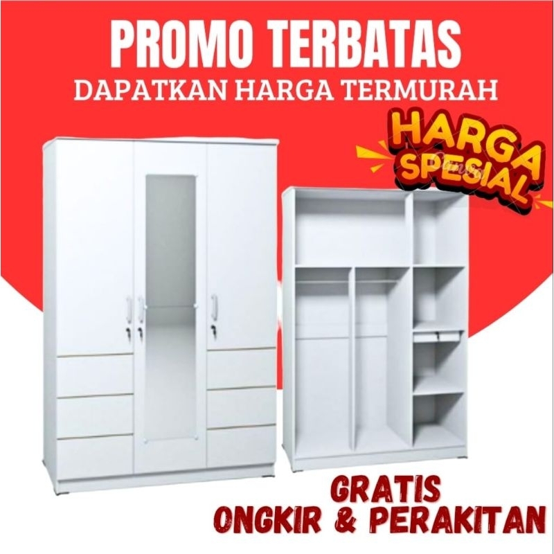 Lemari pakaian 3 pintu / Lemari baju olimpik kaca panjang / Lemari murah Cianjur Bandung Garut Purwa