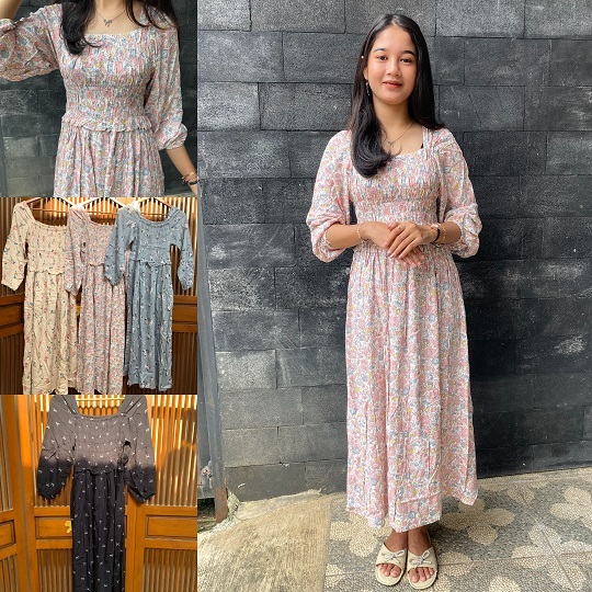 Daster Rayon Kerut Dada Lengan Panjang Motif Bunga /Dress Piyama Motif /Baju Tidur Bahan Adem Nyaman