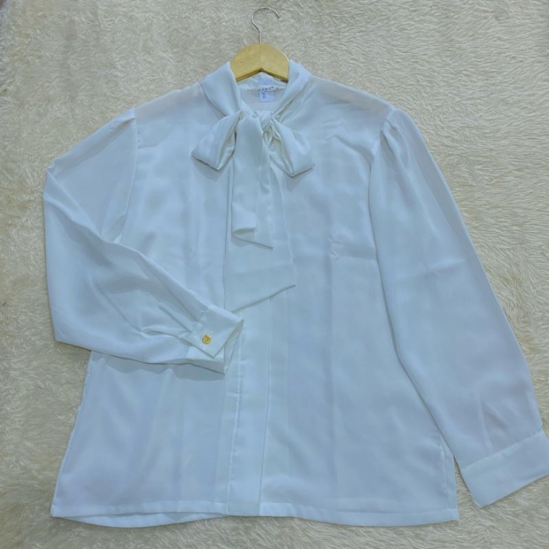 Baju Putih Kerah Pita (AS388)  Wanita Atasan Lembut