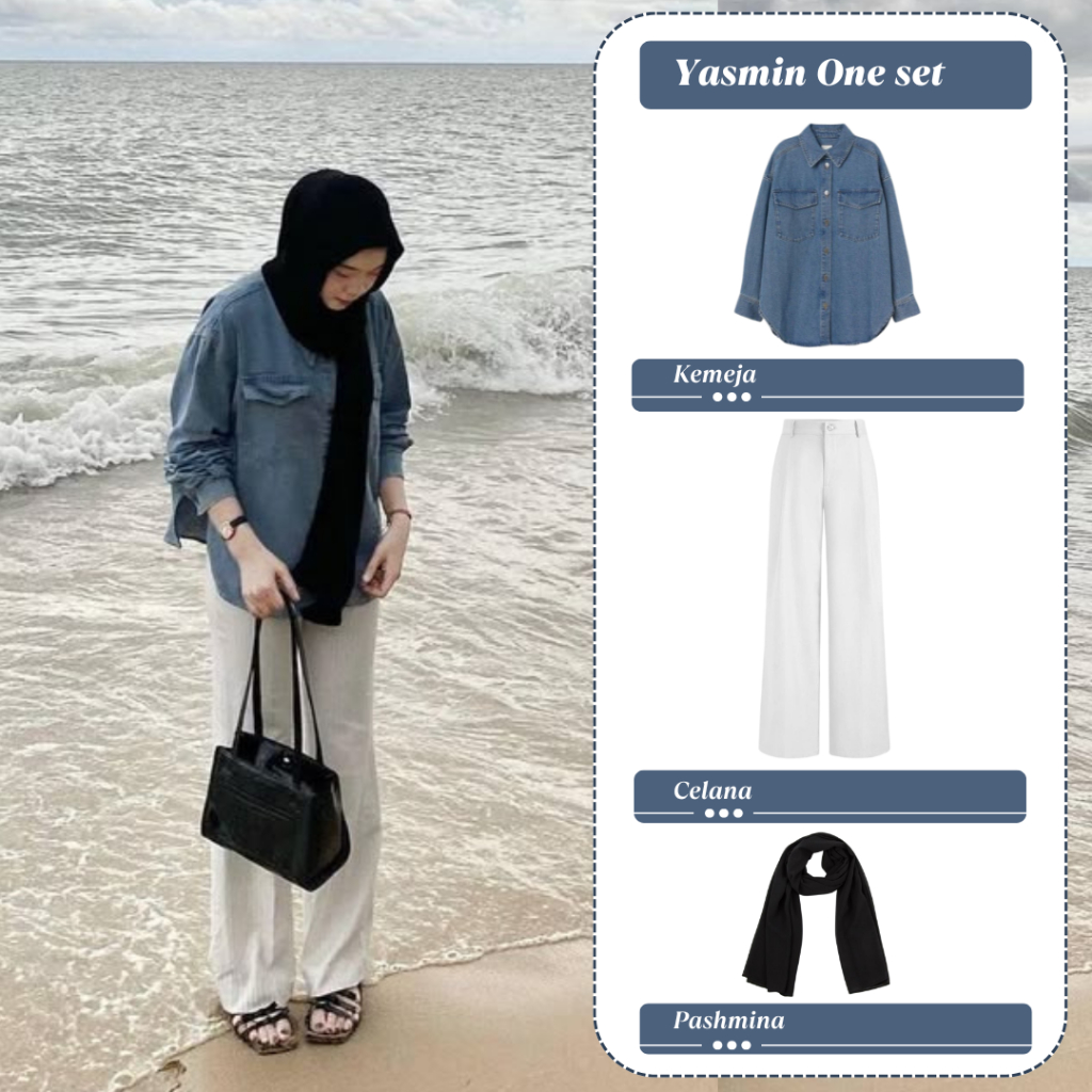 Yasmin Setelan Wanita Hijab Outfit Pantai Kemeja Denim Jeans  Loose Pants Pashmina Casual Ootd