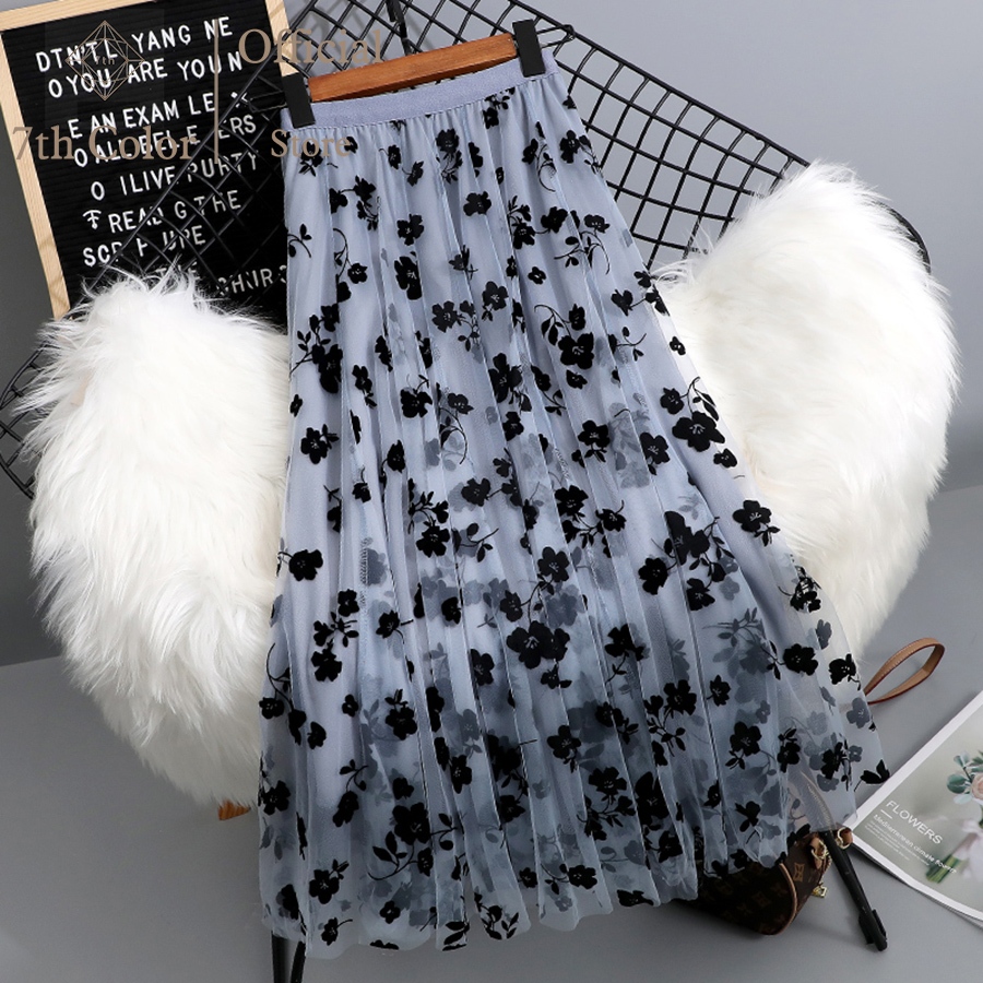 7th Color / Motif Bunga Tulle / Kain Tipis Rok Midi Pinggang Tinggi Lembut Mengalir Anggun
