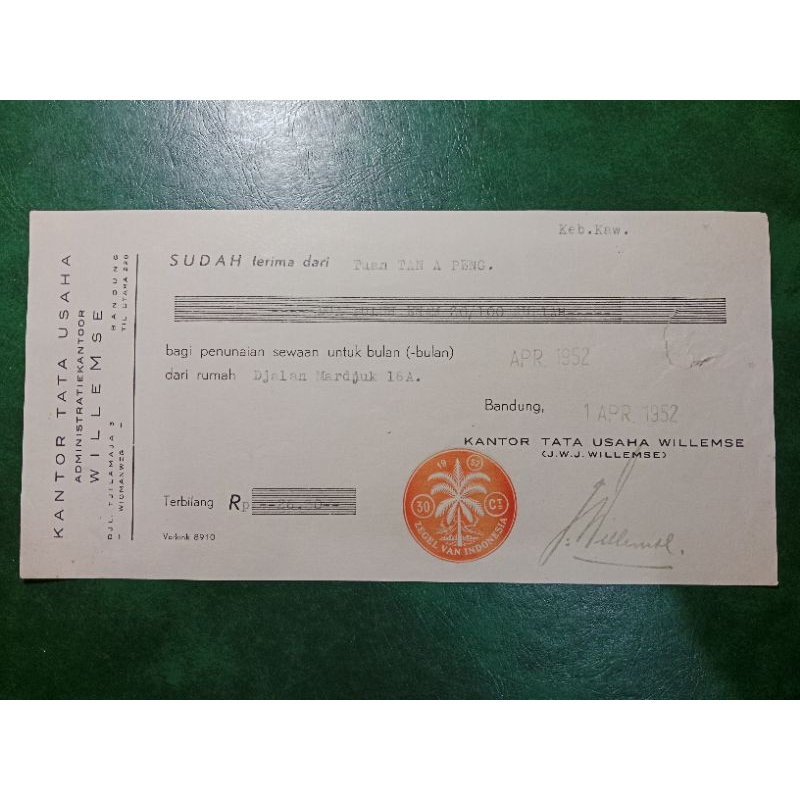 

Kwitansi Jadul kantor tata usaha tahun 1952