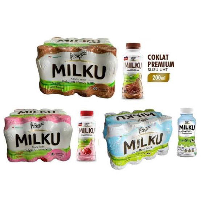 

Milku Susu UHT Dus Isi 12pcs Kemasan botol Milku Susu 200ml rasa coklat strawberry dan Putih