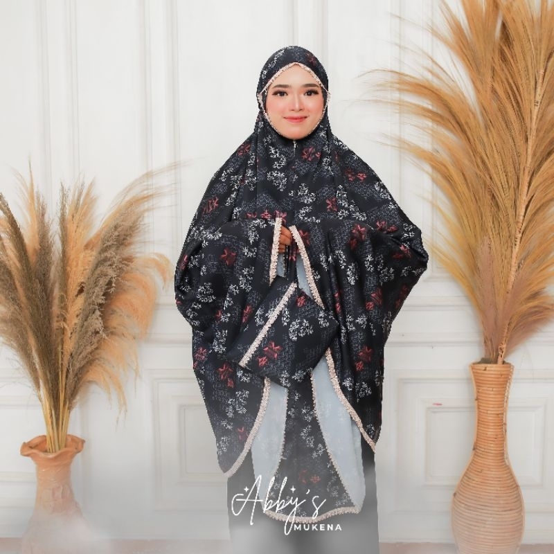 Abby's Mukena Hitam Dewasa 2 in 1 Bahan Silk Premium Motif Bunga Traveling free Pouch