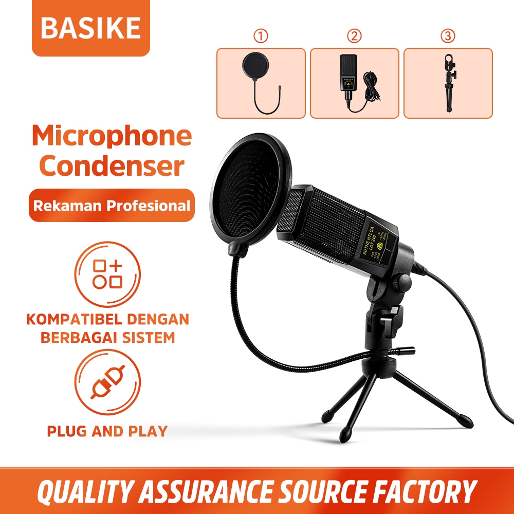 BASIKE Mikrofon Condenser Live Recording Studio Mic Karaoke Desktop Noise-Free with 3.5mm AUX Jack
