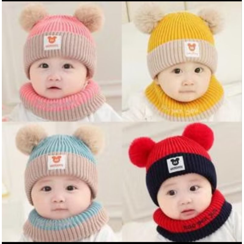 Topi kupluk rajut bayi pom pom Mickey laki laki perempuan lucu
