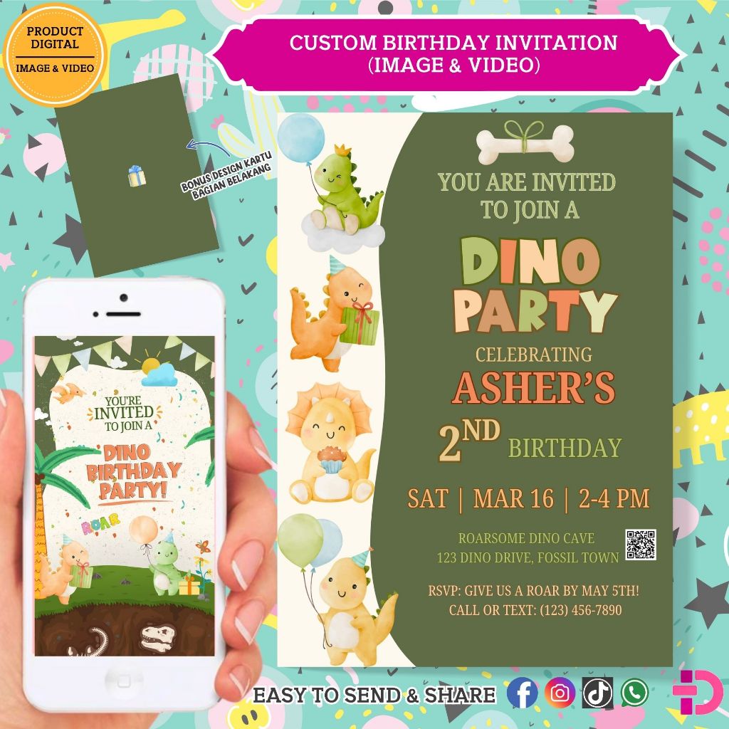 Undangan Ulang Tahun Dinosaurus Anak Custom , Image + Video Digital,  Undangan Ulang Tahun anak