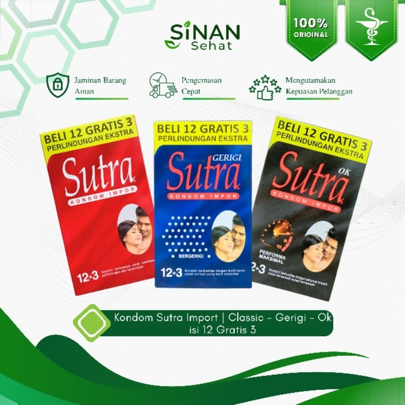 Apotek Sinan Sehat | Kondom Sutra Merah Classic/Gerigi Biru/OK Hitam isi 12 +3 Pcs / Impor Tipis Ant