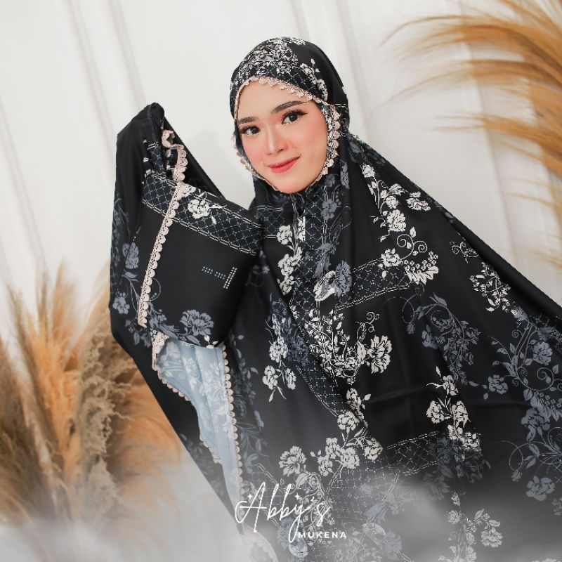 Abby's Mukena Hitam Dewasa 2 in 1 Bahan Silk Premium Motif Bunga Traveling free Pouch
