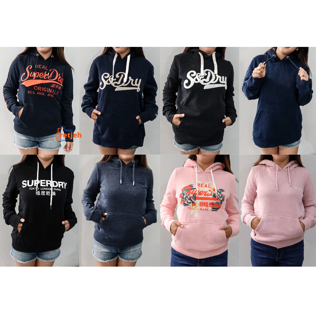 SWEATER WANITA SUPER DRY HOODIE DEPAN KANTONG KANGURU NO ZIP DEPAN SABLON