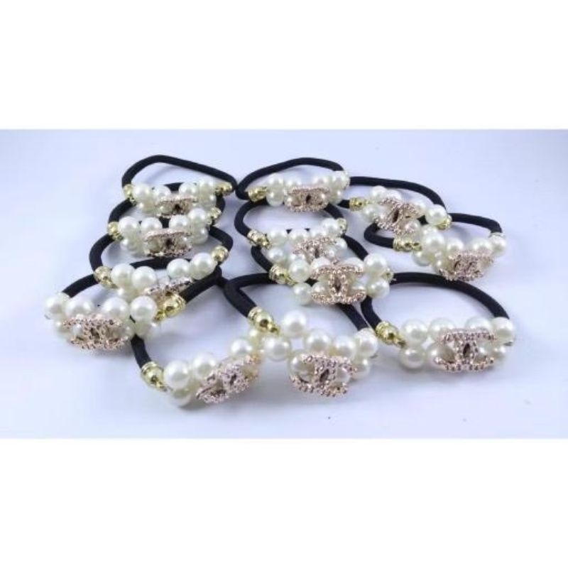GRATIS ONGKIR IKAT RAMBUT MUTIARA KOREA KARET HITAM GOLD CUTE ALA KOREA Ikat Rambut Wanita Elastis P