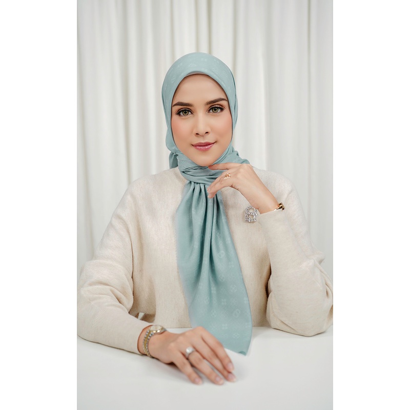 Buttonscarves - Monogram Voile Square - Aqua / Hijab Motif Segi Empat