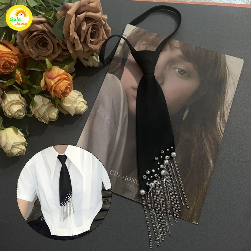 Dasi Korea Mutiara Premium Heavy Industry Tassel Tie Hitam Aksesoris Dasi Fashion