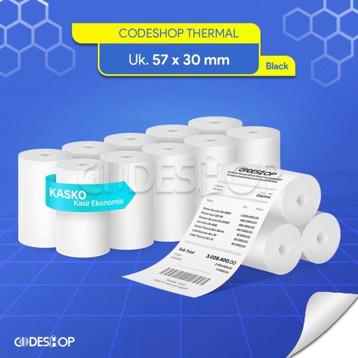 

Paper Roll Thermal 57x30 mm Kasko Kasir Ekonomis Kertas Termal 57 x 30 Codeshop Cetak Hitam