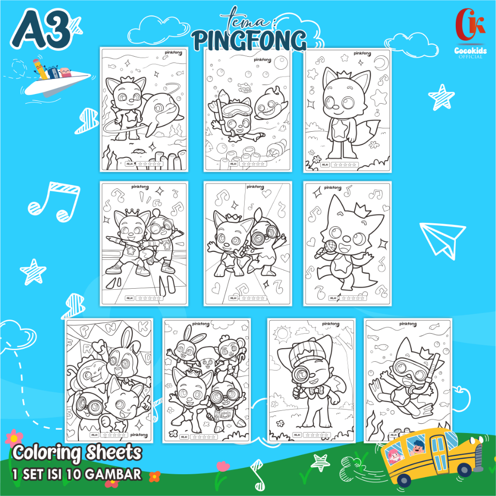 

(PINGFONG 01) KERTAS MEWARNAI ANAK A3 - COLORING SHEETS SERIES 1 - LEMBAR MEWARNAI ANAK PAUD/TK/SD