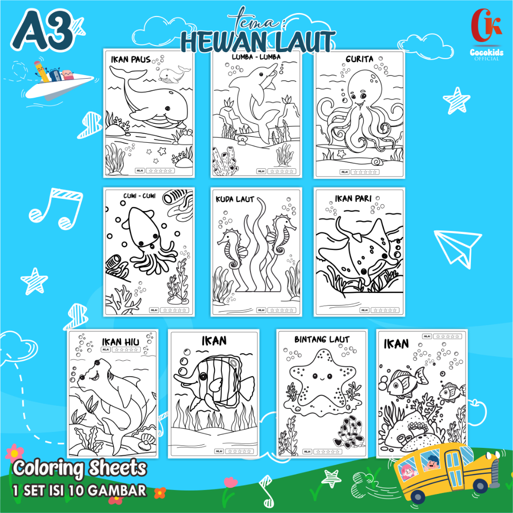 

(HEWAN LAUT 01) KERTAS MEWARNAI ANAK A3 - COLORING SHEETS SERIES 1 - LEMBAR MEWARNAI ANAK PAUD/TK/SD