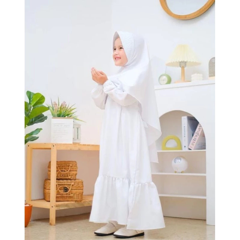 NEW GAMIS ANAK PUTIH GAMIS MANASIK HAJI SET KERUDUNG BAJU MUSLIM ANAK WARNA PUTIH