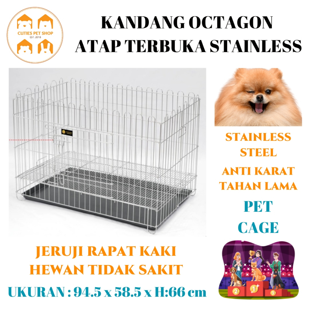 Kandang Octagon Atap Terbuka/ Kandang anjing Stainless SSP400/ Kandang Dog Show Stainless Kualitas T
