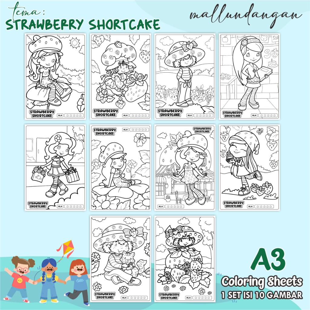 

LEMBARAN MEWARNAI ANAK A3 - TEMA STARWBERRY SHORTCAKE - PAPER COLORING SHEETS FOR KIDS