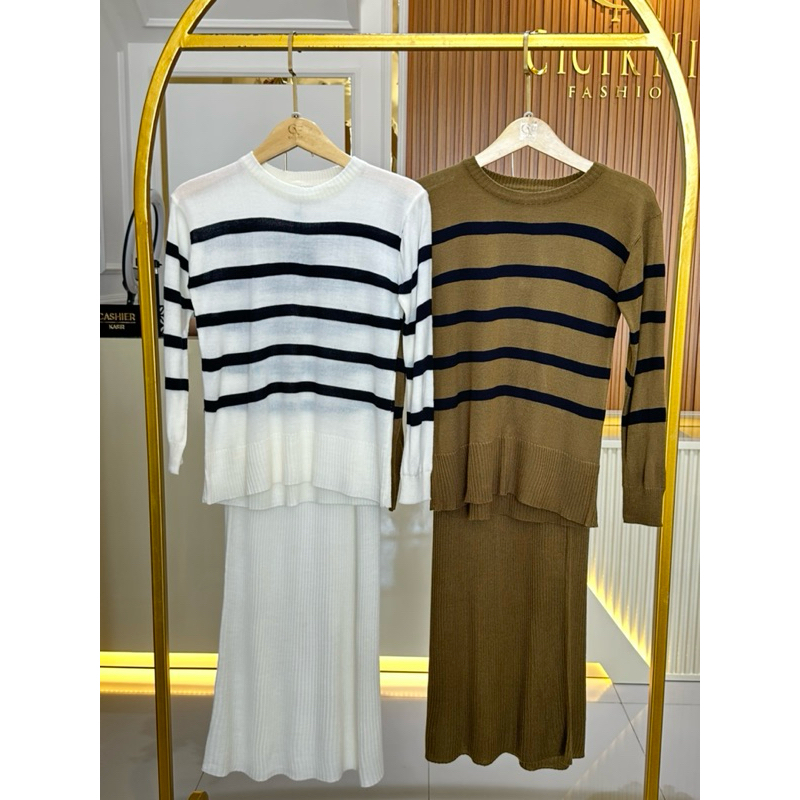 CNF One set Rok Span Wanita Rajut Premium Motif Garis