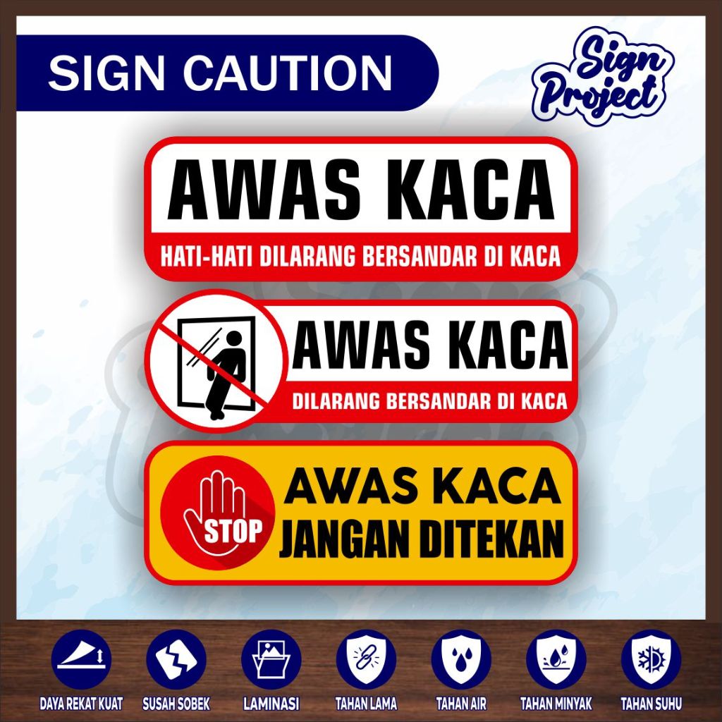 

stiker vinyl anti air AWAS KACA HATI-HATI DILARANG BERSANDAR DI KACA laminasi glossy/Stiker Awas Kaca