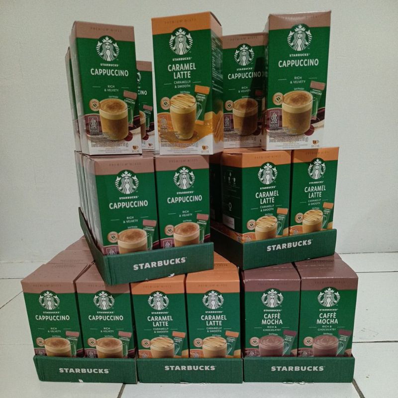 

STARBUCK KOPI INSTAN SACHET ISI 4 CAPPUCINO RICH & VELVETY 72 gram CAFFE MOCHA RICH & CHOCOLATEY 88 GRAM CARAMEL LATTE CARAMELLY AND SMOOTH 92 GRAM EXP AGUSTUS 2025