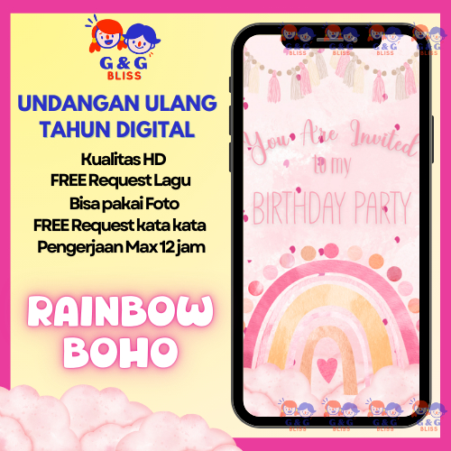 Undangan Digital Ulang Tahun Anak PEREMPUAN Undangan Video ultah - BOHO RAINBOW