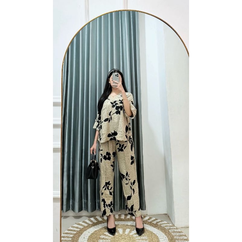 ANNA One Set Bunga Kombinasi | Setelan Lengan Lonceng 7/8 Kombinasi Celana Panjang Kulot JUMBO Wanit