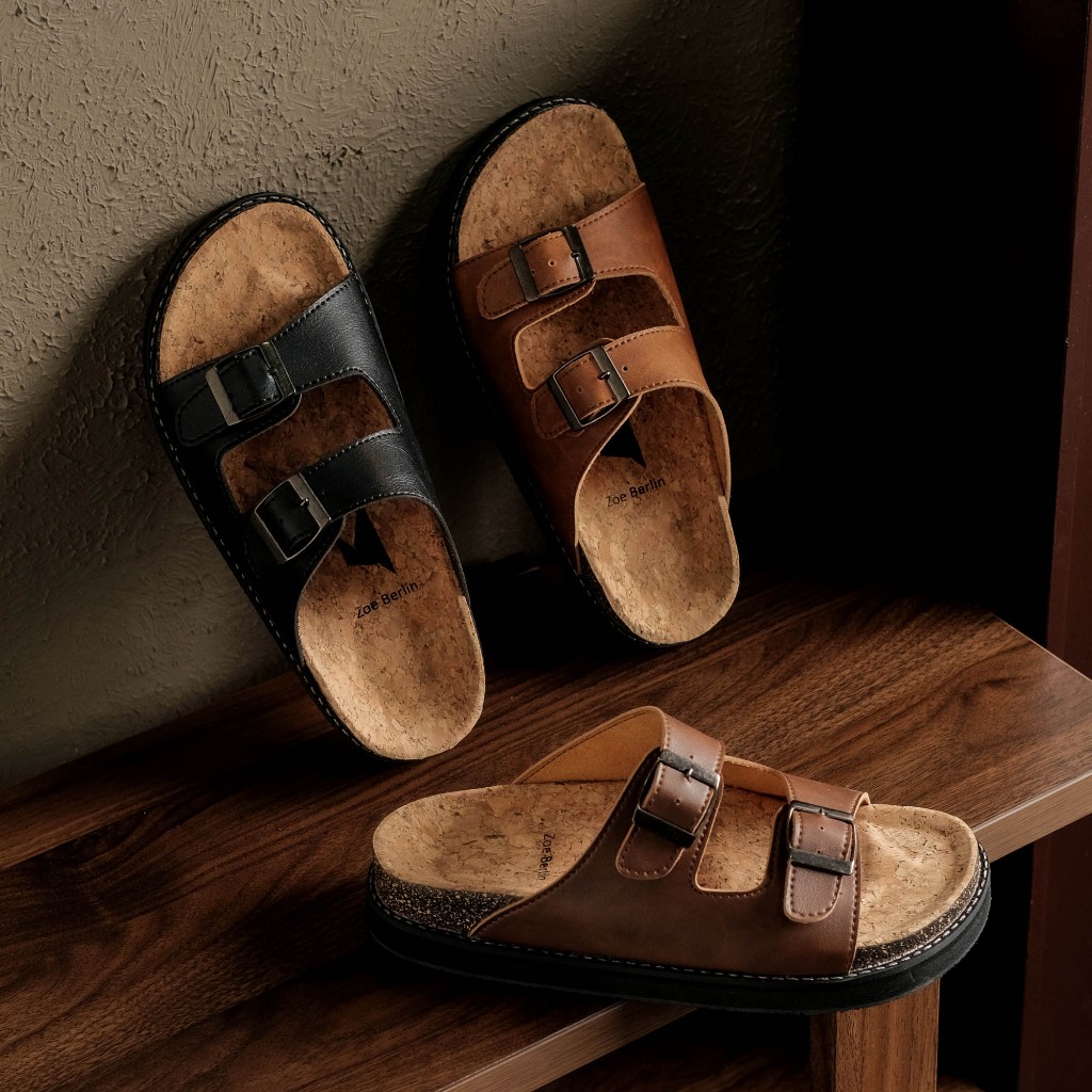 Sandal Pria - Jackson Leather Series Zoe Berlin - Sendal Cork Birken Slide Kulit Puyuh Cowok