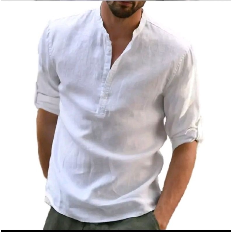 Baju Linen Pria Lengan Panjang Kemeja Koko Pria Katun Linen Baju Casual Linen Katun Putih