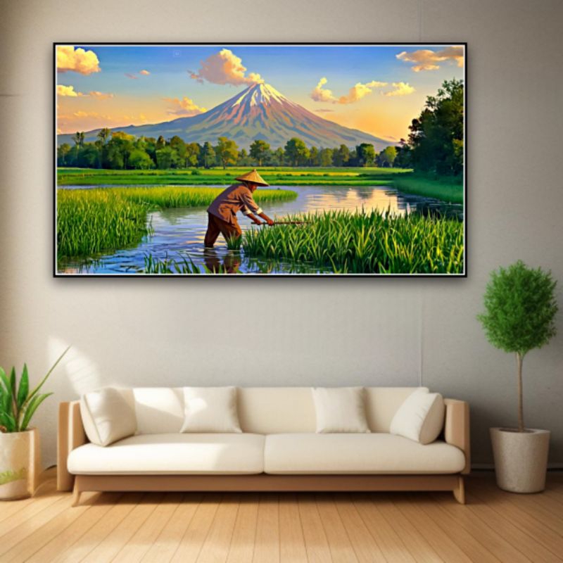 Cetak poster lukisan dinding PAK TANI PETANI MENCANGKUL SAWAH dekorasi rumah ruangan tamu kamar tidu
