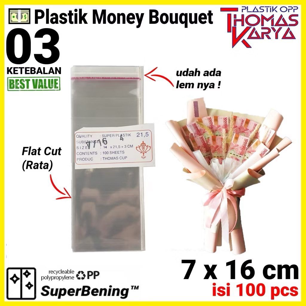 Plastik OPP 7x16 TEBAL Ekonomis | Isi 100 | Bungkus Uang Buket Lembar | Kantong Money Bouquet | Kema