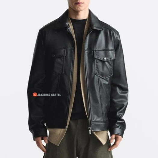 JNK x DIAZ - Jaket Pria Klasik Semi Kulit Sintetis Viena Imitasi PU Leather Jacket Vintage Zipper Bo