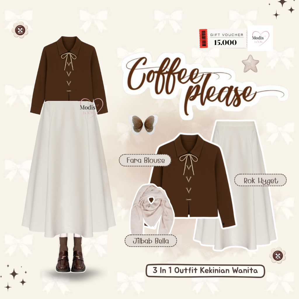 PAKET HEMAT - One Set Wanita Kekinian Rok | Hijab Bella Square Cream, Fara Blouse Tali Choco, Rok Po