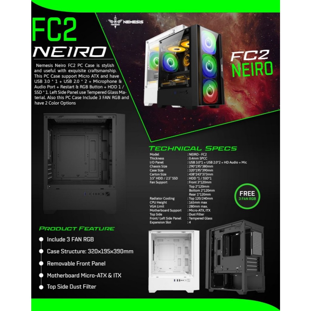 PC Case M-ATX ITX Nemesis NEIRO FC2 | free 3 fan RGB Tempered Glass Casing