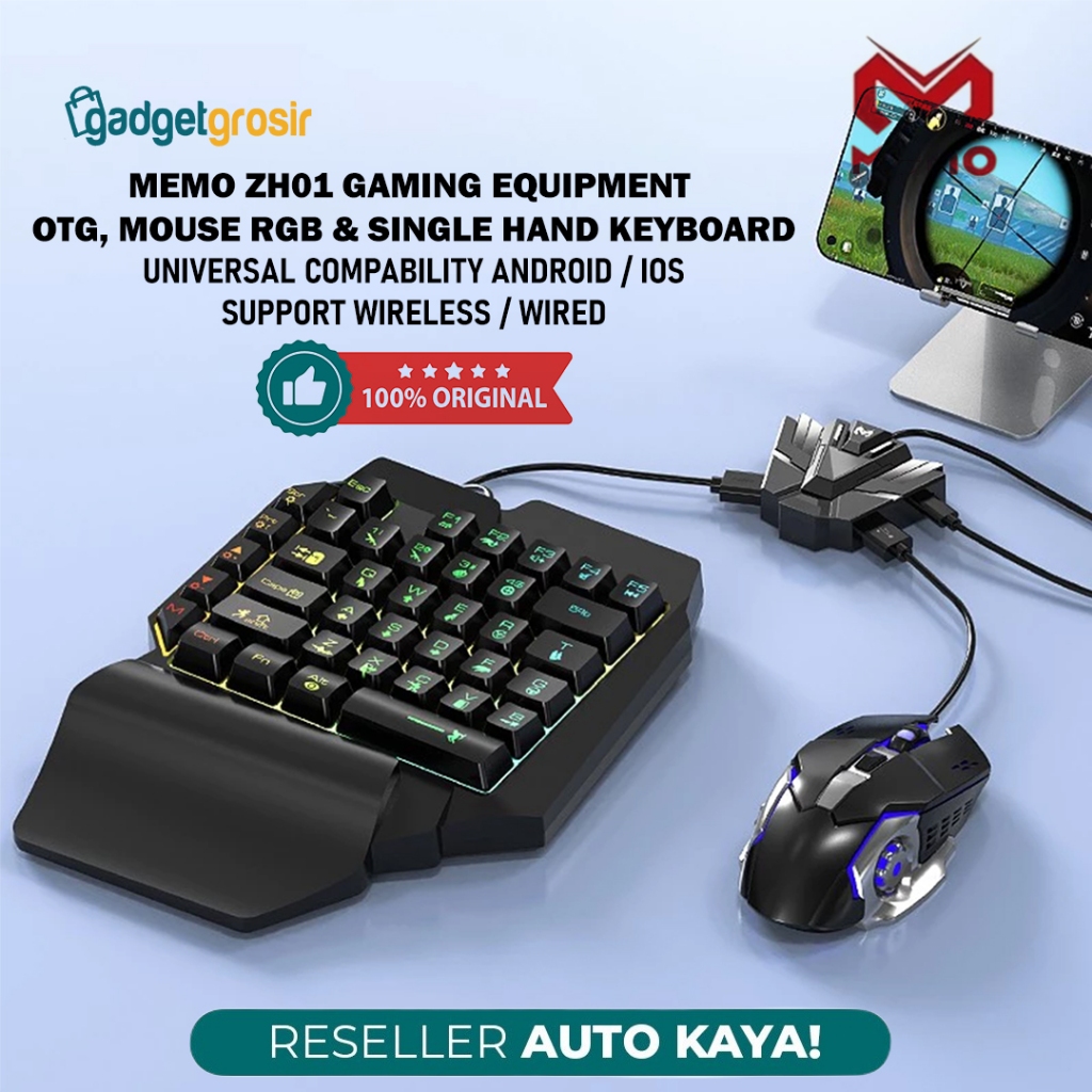 MEMO ZH01 Keyboard Mouse Gaming RGB OTG Converter Adapter Konektor Keyboard Single Hand Mouse For HP