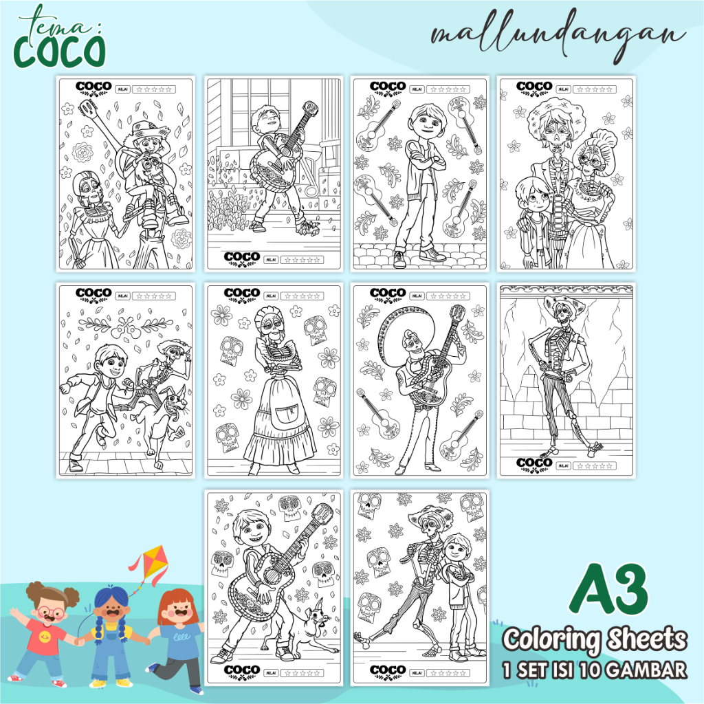 

LEMBARAN MEWARNAI ANAK A3 - TEMA COCO - PAPER COLORING SHEETS FOR KIDS