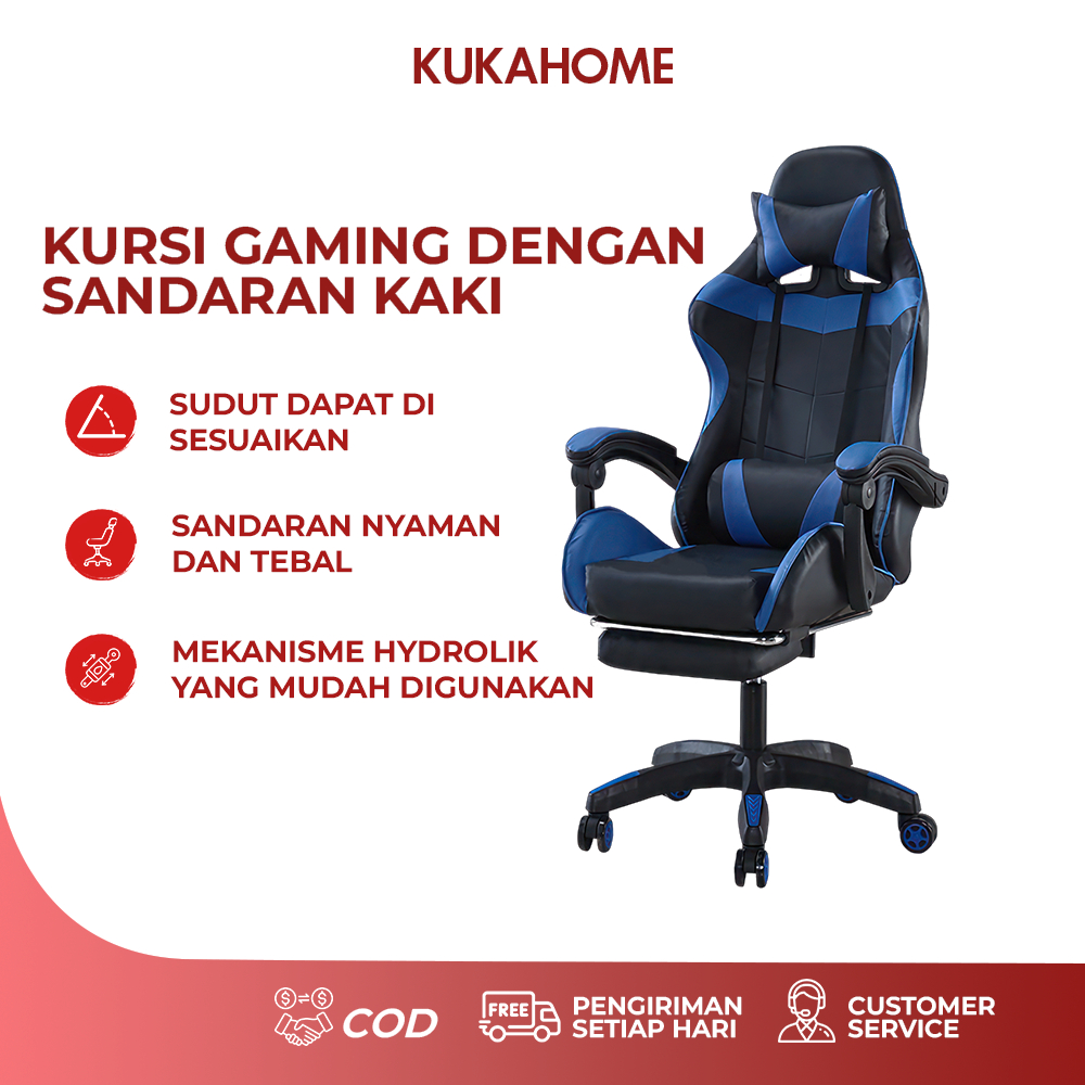 KUKAHOME Kursi Gaming Dengan Sandaran Kaki Ergonomis Kursi Gamers Hidrolik Murah Nyaman Kantor