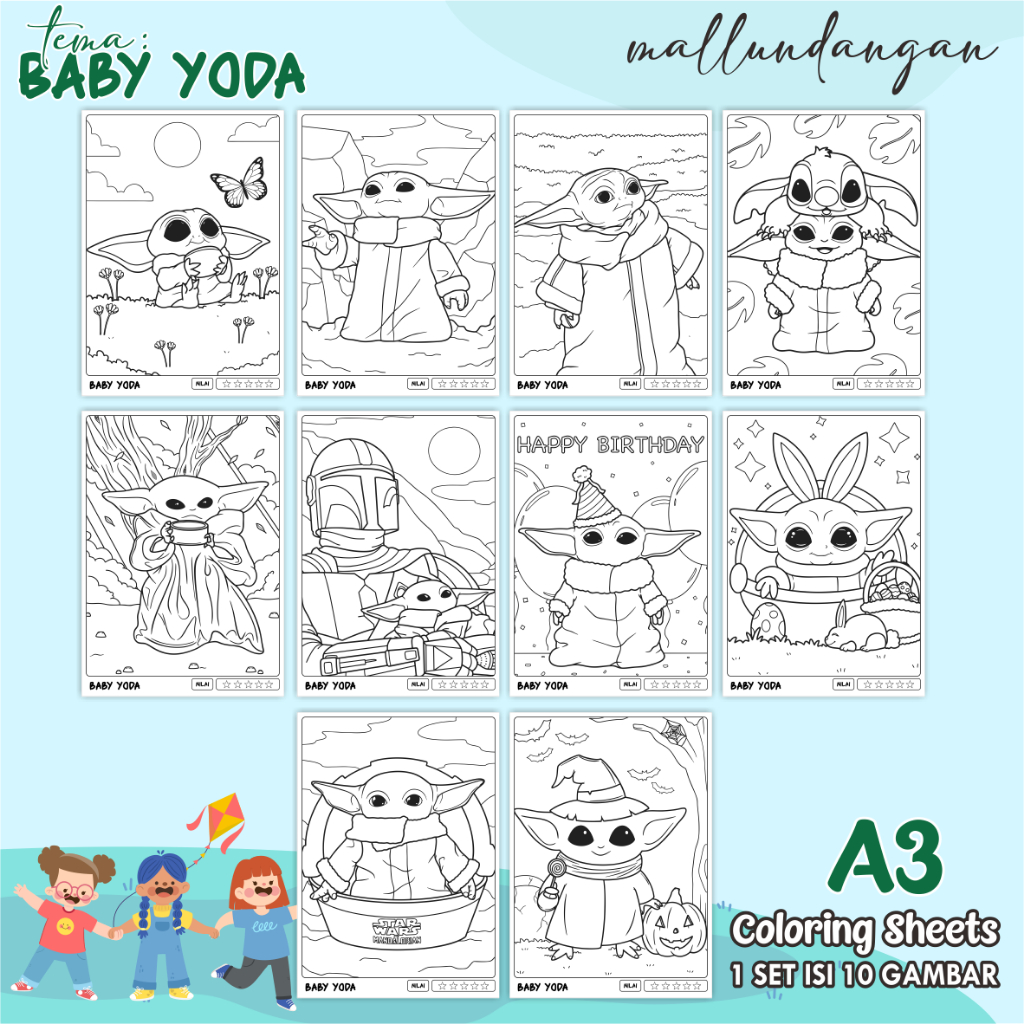 

LEMBARAN MEWARNAI ANAK A3 - TEMA BABBY YODA - PAPER COLORING SHEETS FOR KIDS