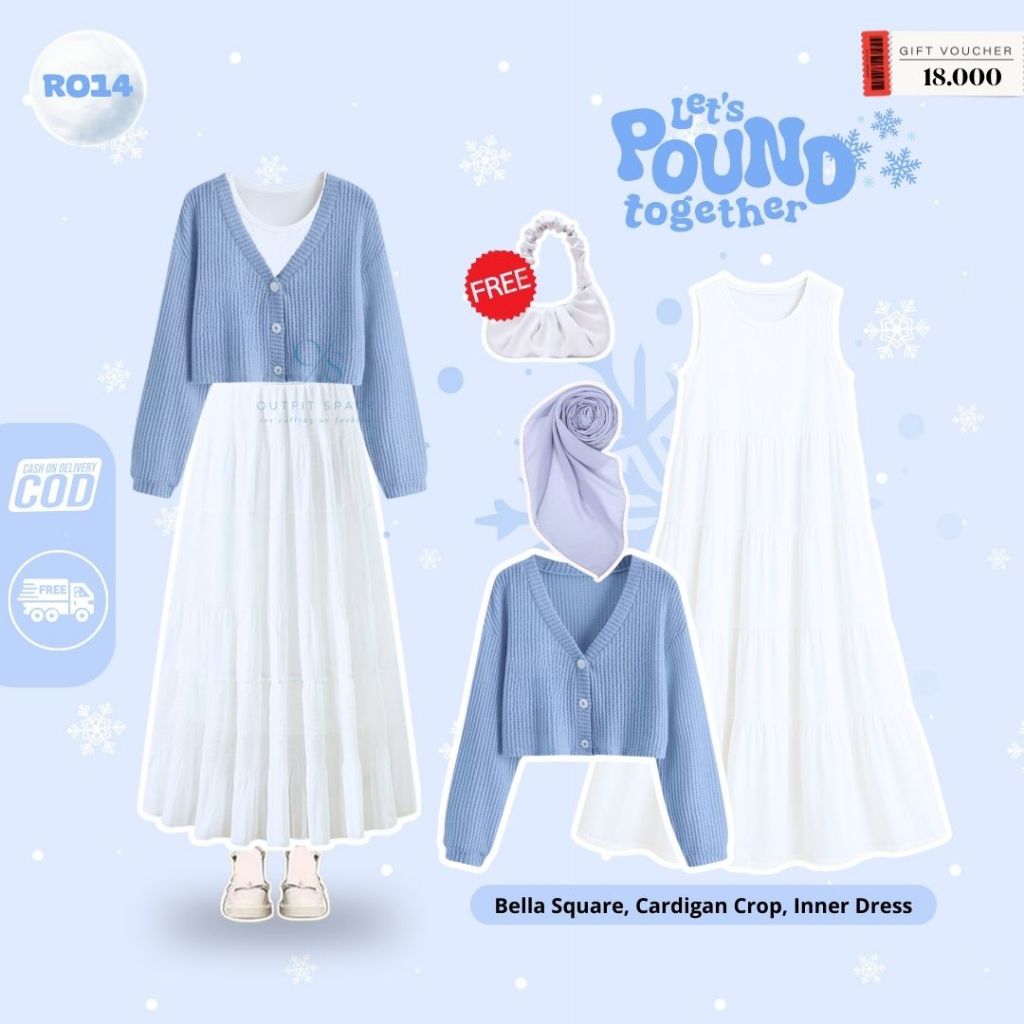 Penawaran Terbatas 1 Set Outfit Hijab Remaja Korean Cardigan Crop Baby Blue, Hijab Bella Square