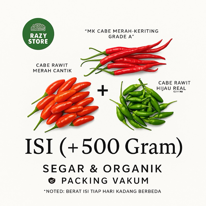 

Campuran cabe merah keriting, rawit merah, dan rawit ijo caplak Segar Pedas - Cabai