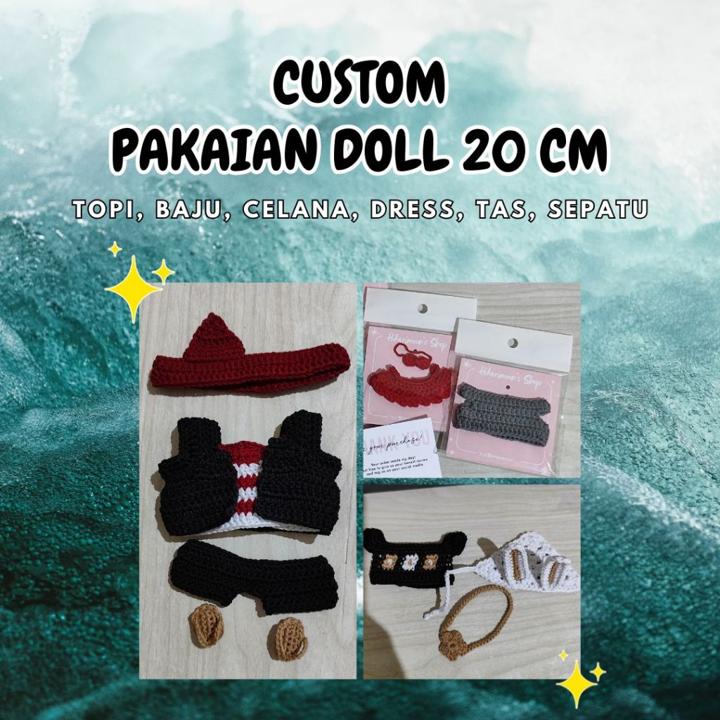[CUSTOM] PAKAIAN BAJU CELANA DRESS TOPI TAS SEPATU RAJUT DOLL 20 CM ANIME KPOP REQUEST