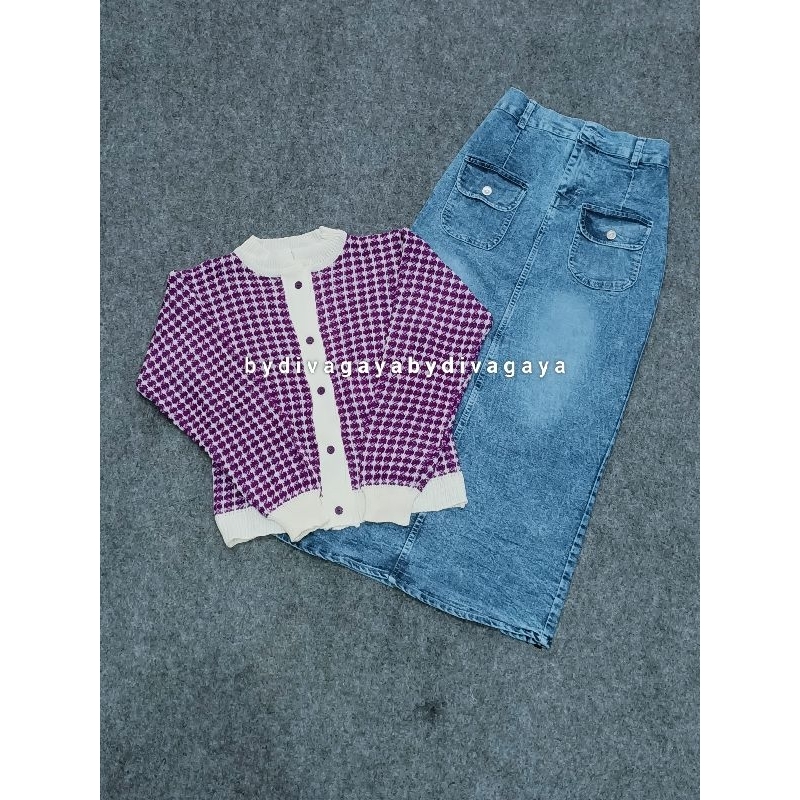 Setelan Wanita Celina Atasan Kardigan Rajut Motif Kotak dan Rok Jeans Panjang Fashion Kekinian