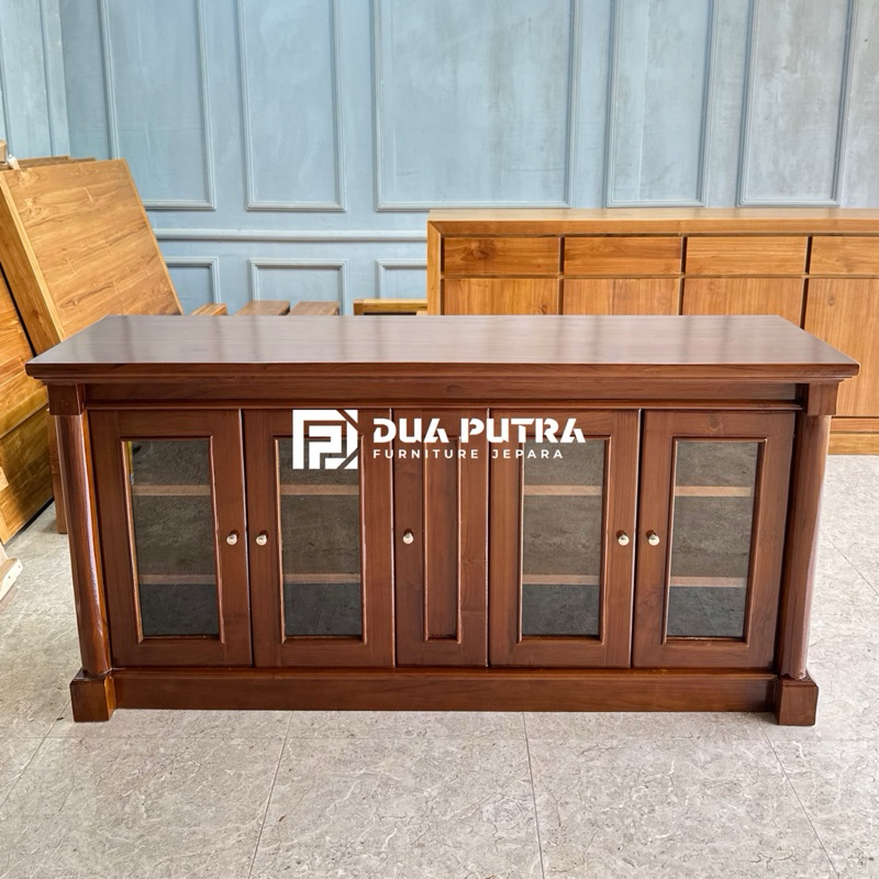 Bufet meja tv minimalis kayu jati 4 pintu kaca