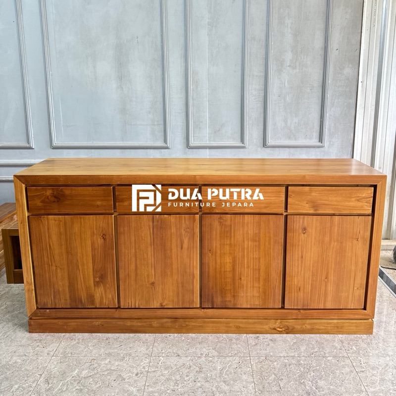 Bufet minimalis kayu jati 4 pintu 4 laci push to open