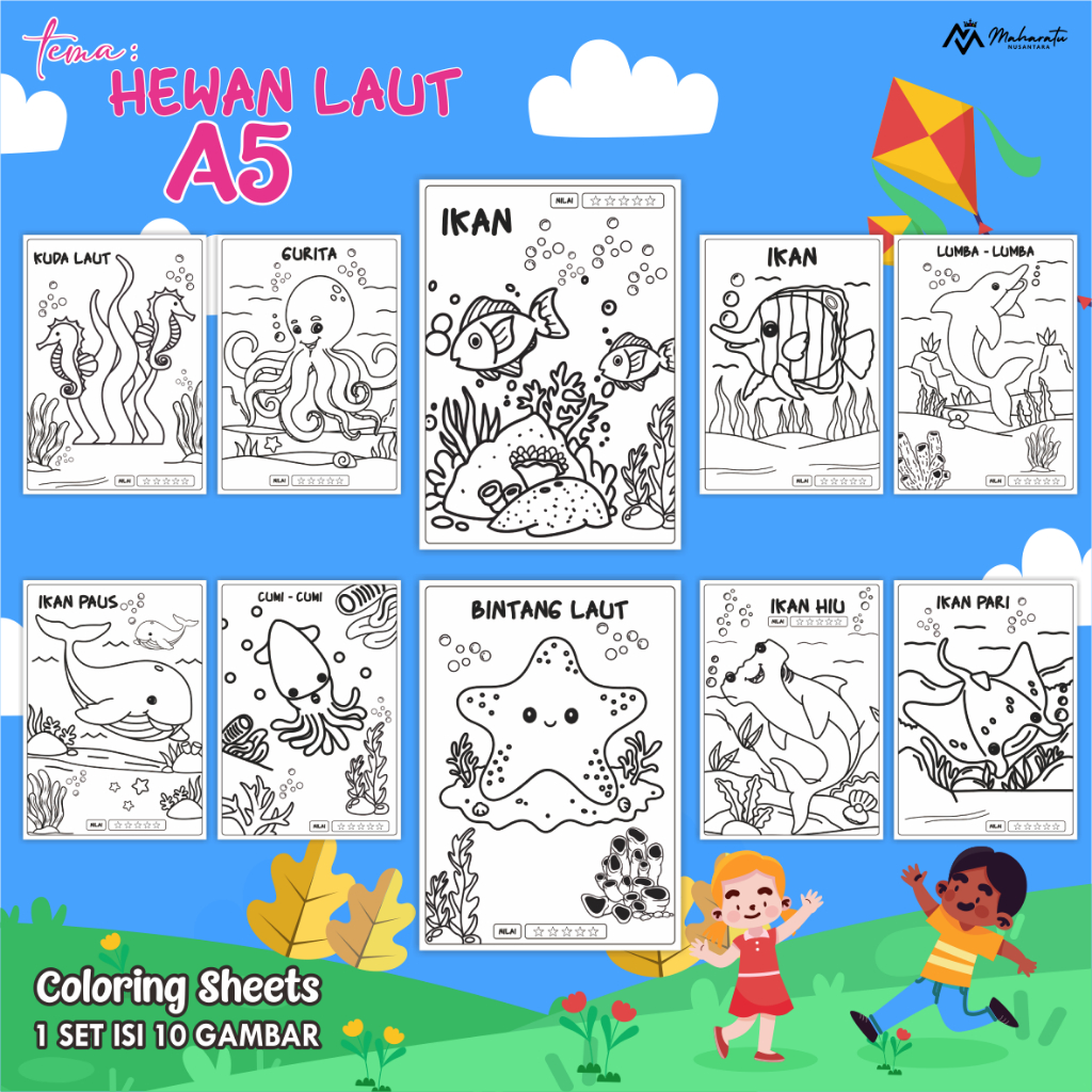 

[TEMA HEWAN LAUT] KERTAS MEWARNAI ANAK - LEMBAR GAMBAR 1 SET ISI 10 READY STOCK - COLORING SHEET A5