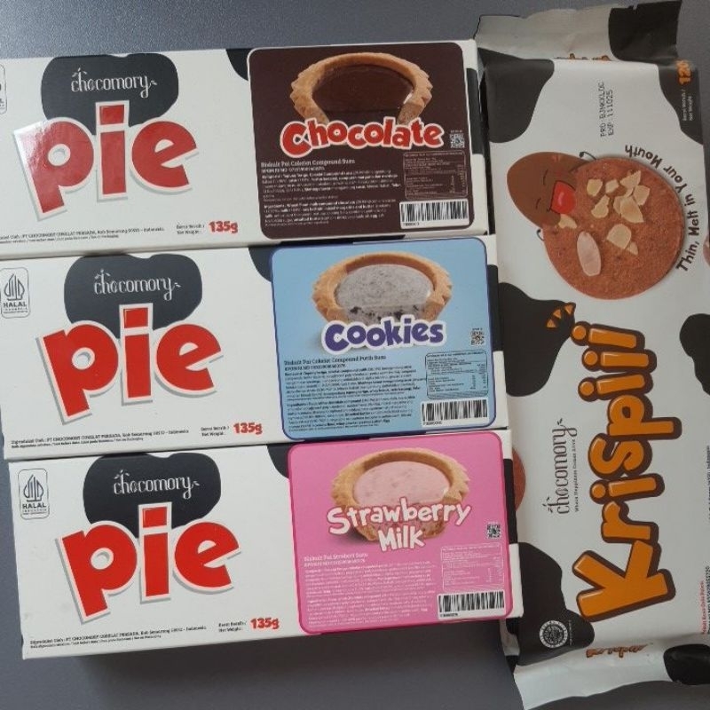 

Paket Chocomoy 4 item, Almond krispii & Pie isi 5 rasa coklat, CNC, Strawberry