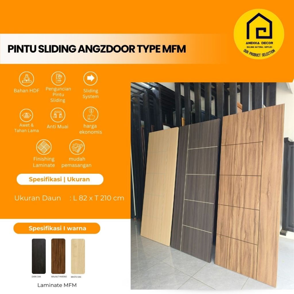 ANGZDOOR Pintu Sliding Kayu HDF Type MFM| Finishing Laminate| Pintu Kamar Estetik Modern Ekonomis