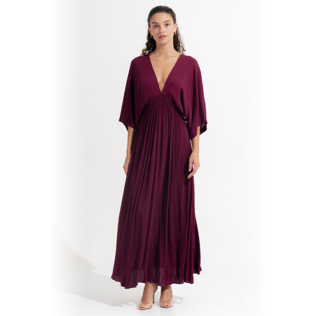 Morrato Bali - Shirred V-Neck Dress Wanita Lumi Maxi Dress Plum